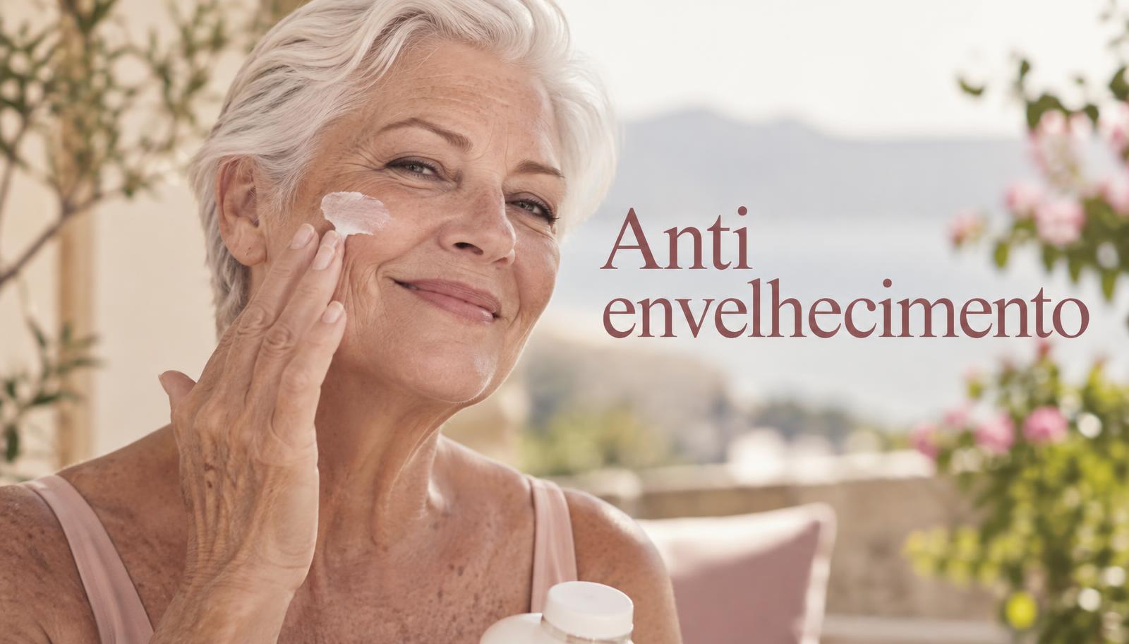 Mulher de 60 anos de cabelos brancos aplicando creme ao ar livre, rotina anti envelhecimento