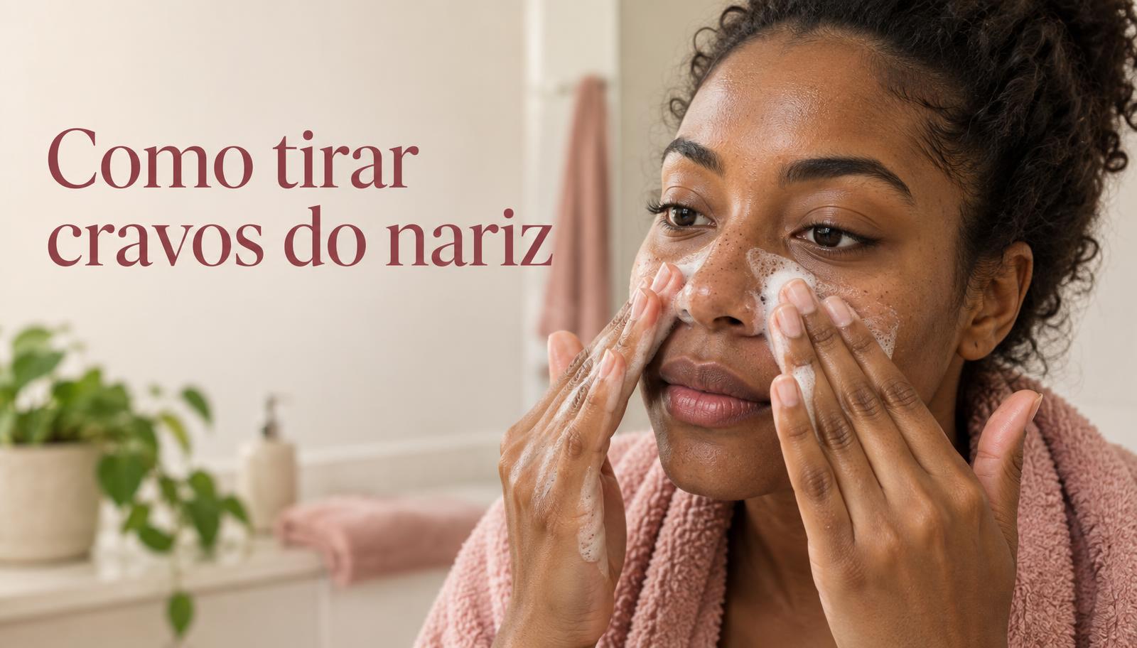 Mulher negra limpa suavemente o nariz com espuma para ajudar a remover cravos