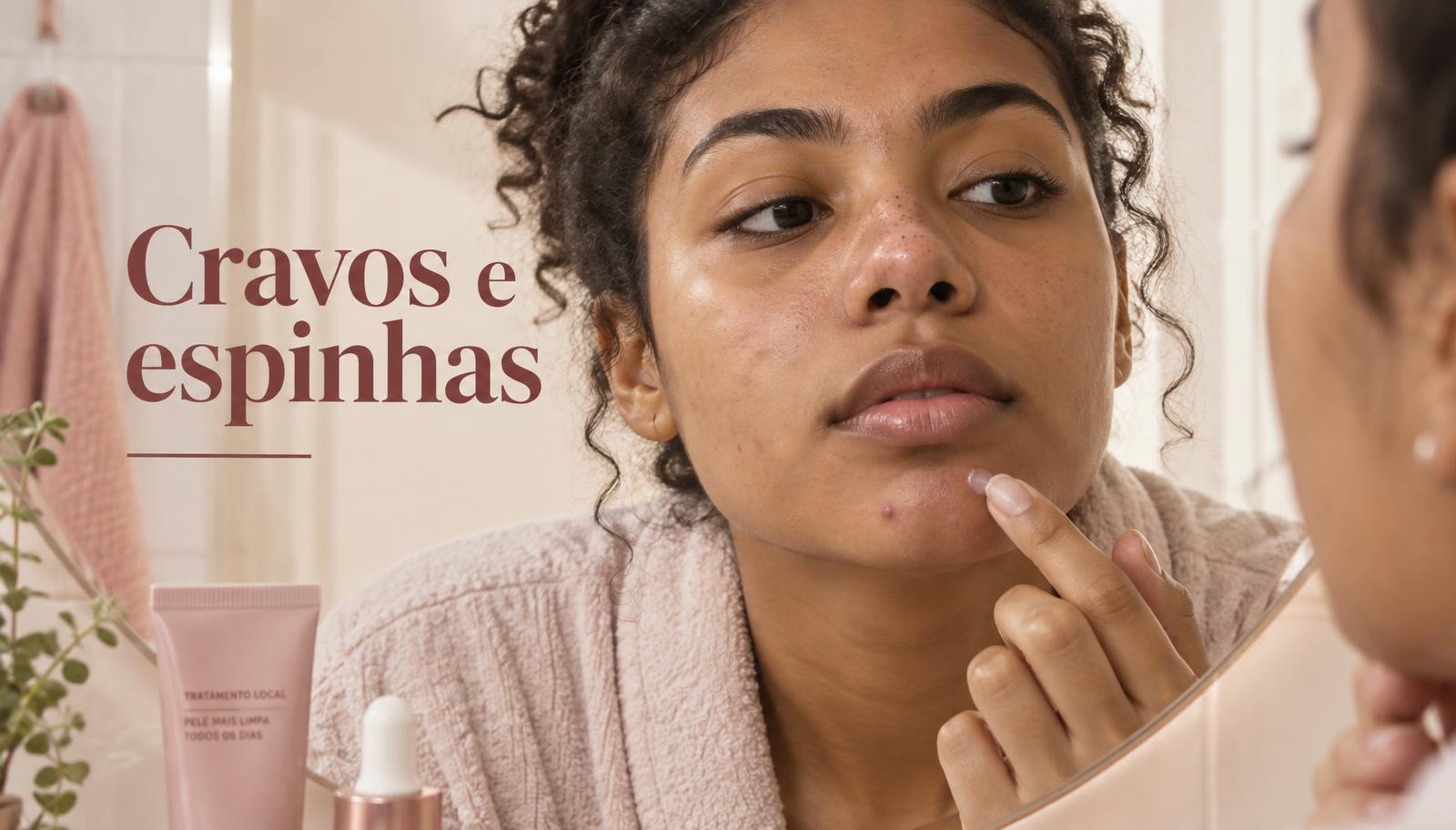 Jovem de cabelo cacheado observa cravos no nariz e uma espinha no queixo no espelho enquanto aplica tratamento para cravos e espinhas