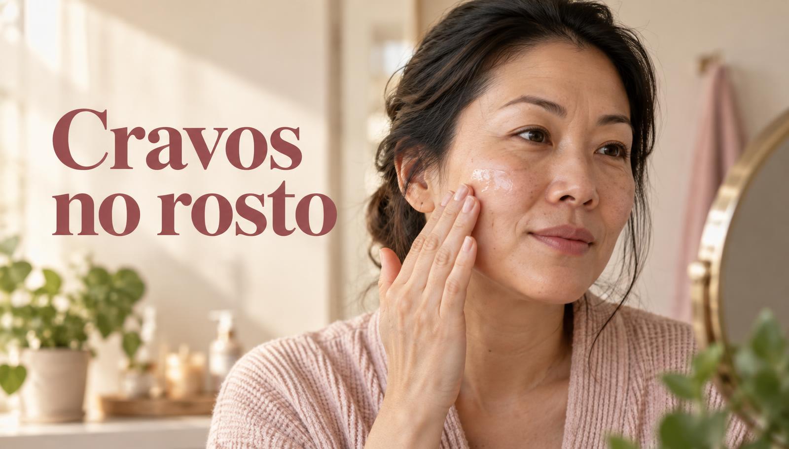 Mulher madura aplica gel hidratante no rosto com cravos e textura natural
