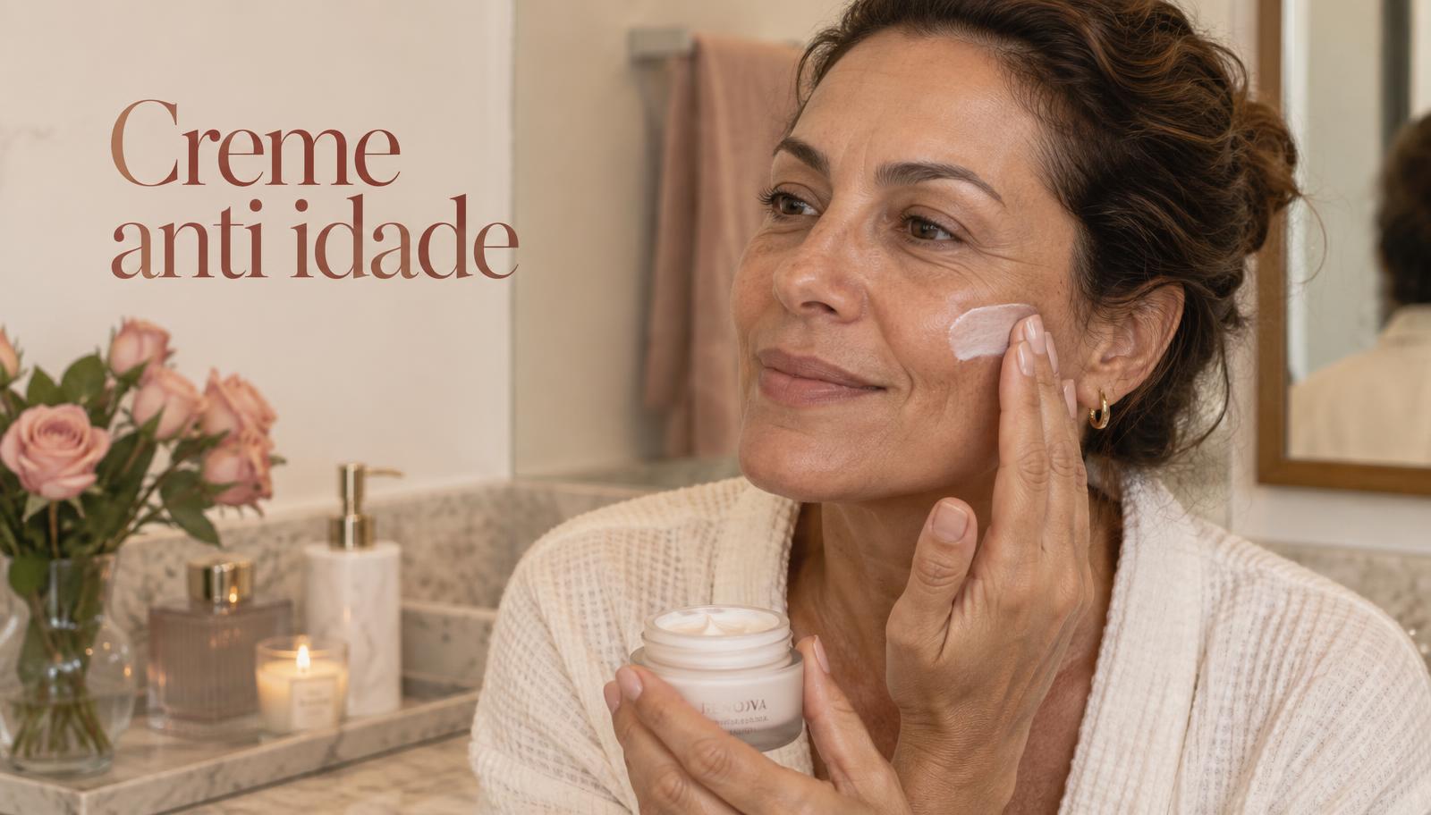 Mulher de cerca de 45 anos com linhas finas aplicando creme anti idade no rosto em banheiro claro