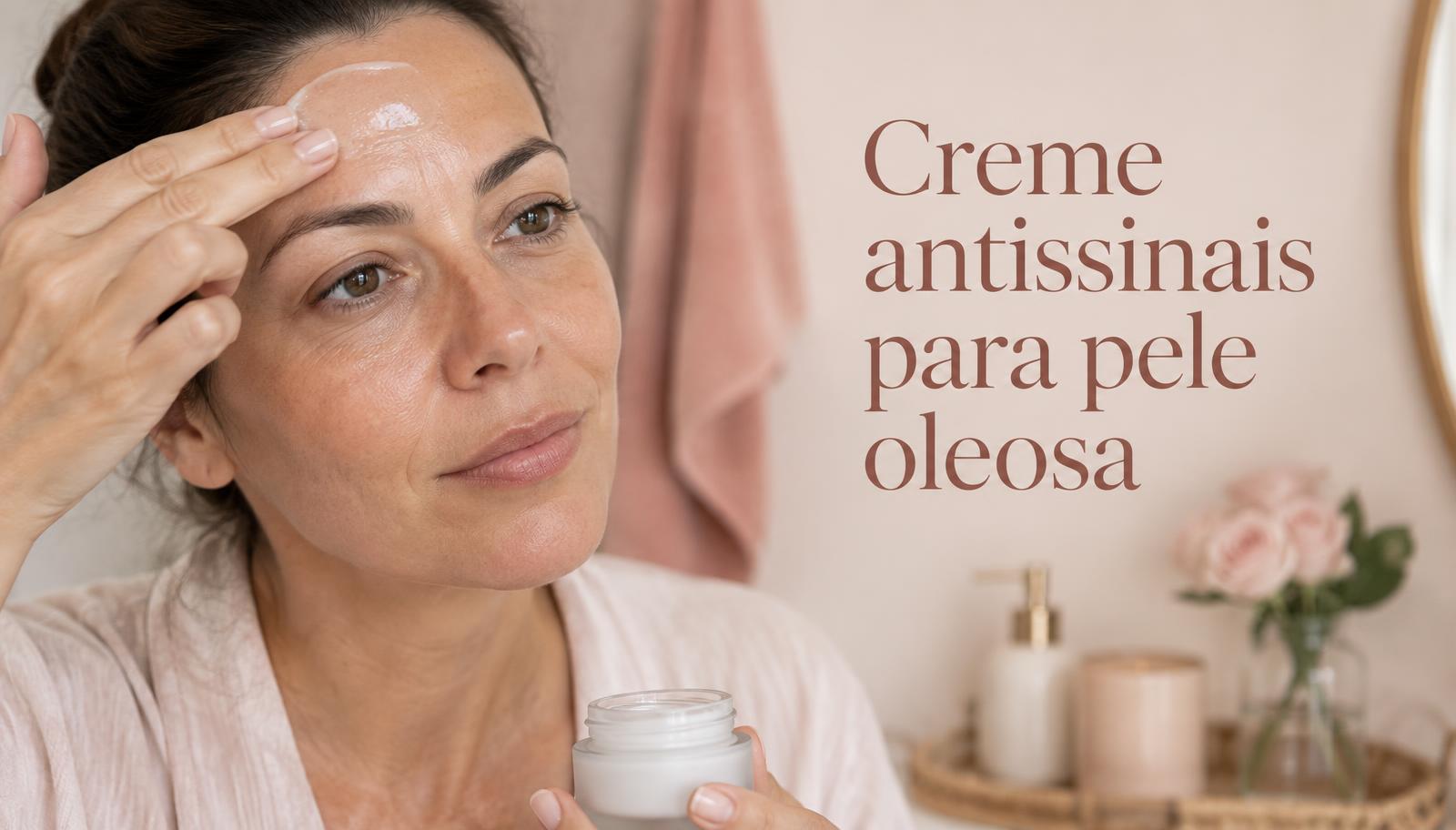Mulher com pele oleosa aplicando creme antissinais em gel na testa