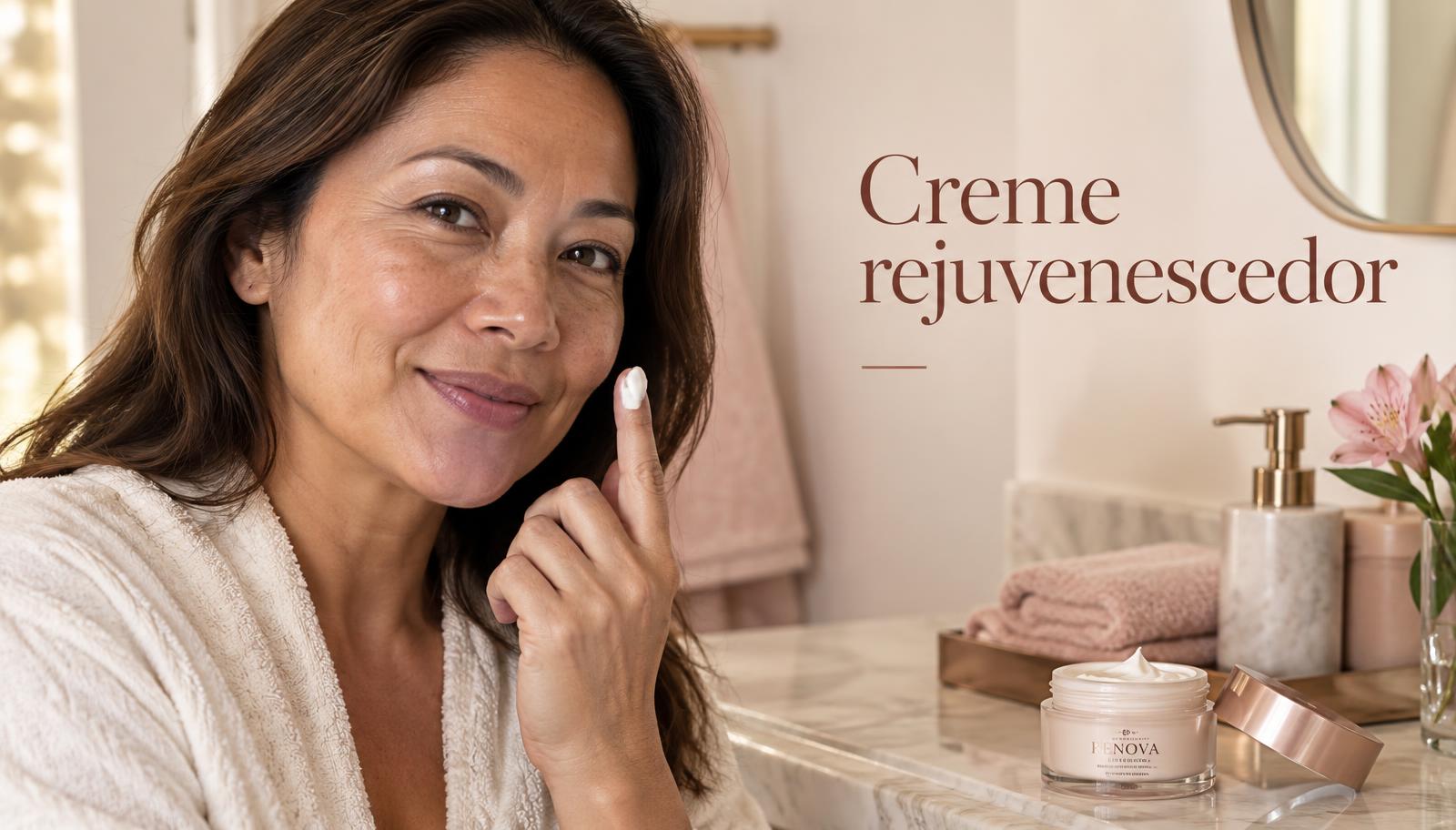 Mulher de 40 e poucos anos com creme rejuvenescedor na ponta do dedo e pote na bancada