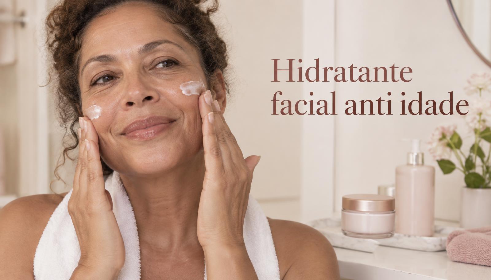 Mulher de 50 anos espalhando hidratante facial anti idade nas bochechas, com toalha nos ombros