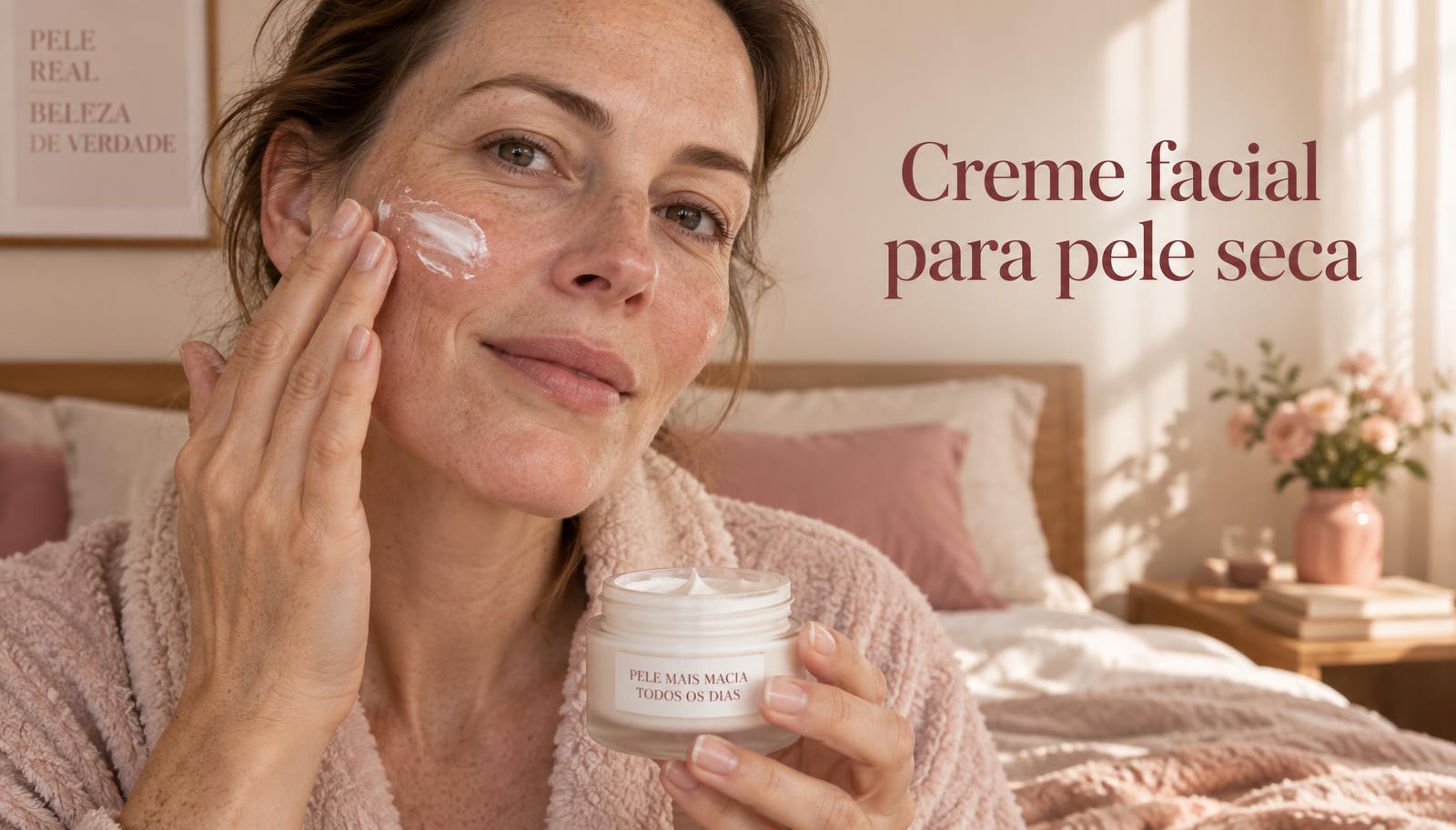 Mulher de 40 anos com sardas aplica um creme facial nutritivo para pele seca na bochecha, segurando o pote