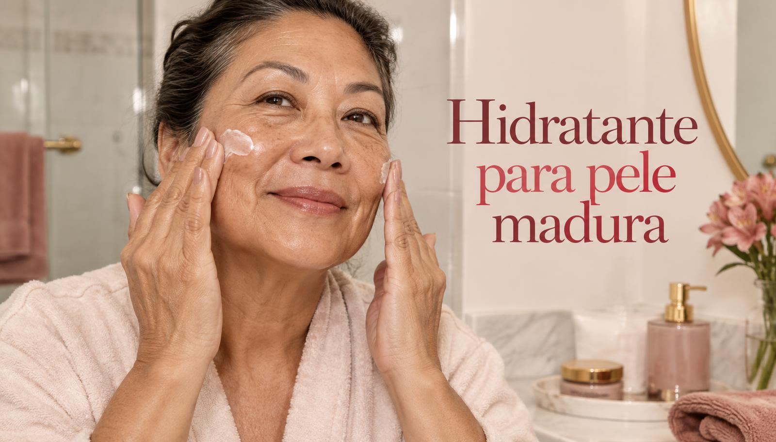 Mulher de cerca de 60 anos com linhas finas massageia hidratante facial para pele madura nas bochechas