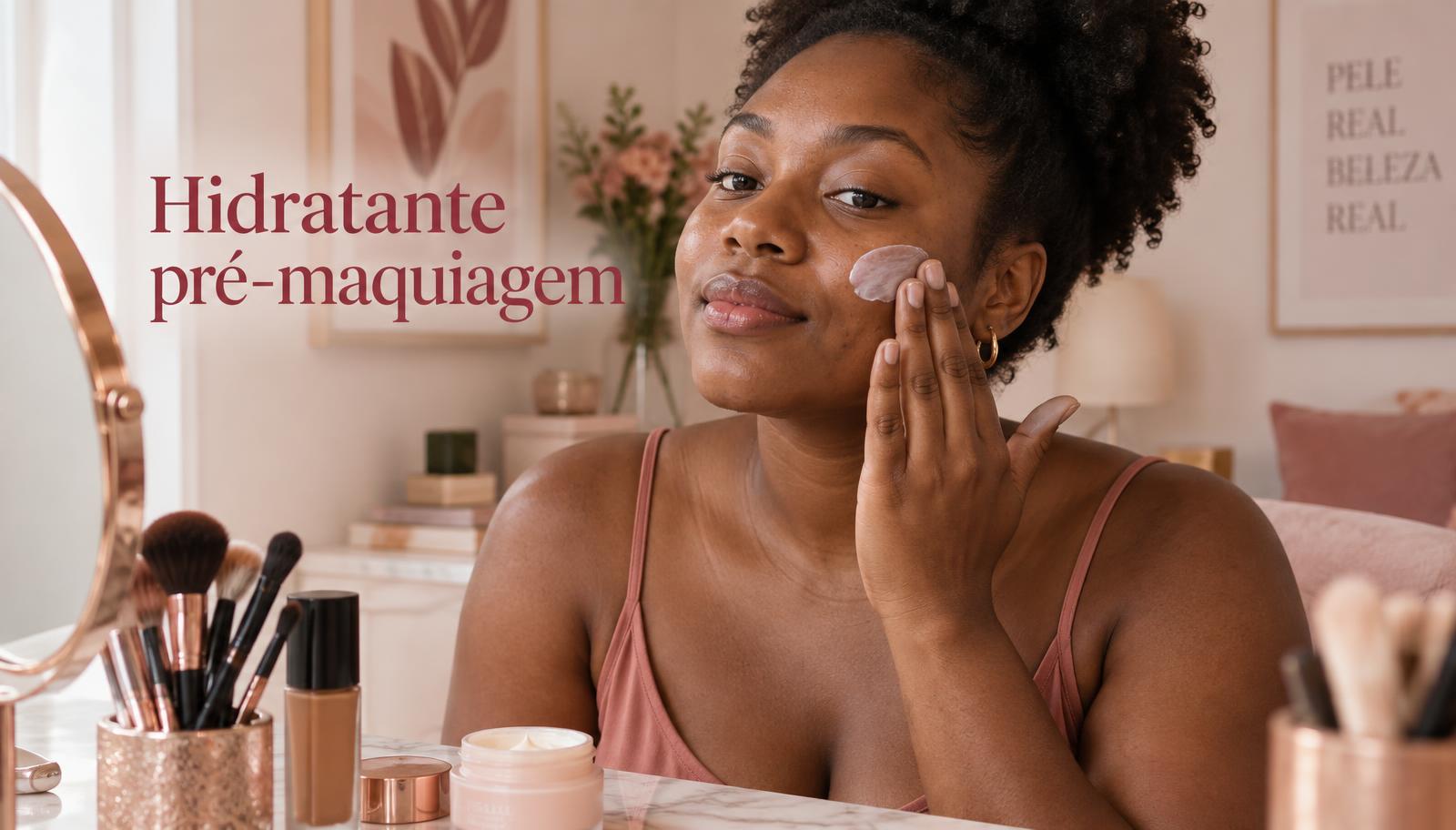 Mulher negra aplica hidratante pré-maquiagem no rosto diante da penteadeira com pincéis e base