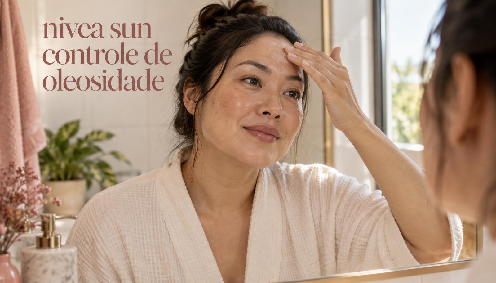 Mulher observa no espelho o acabamento do Nivea Sun Controle de Oleosidade