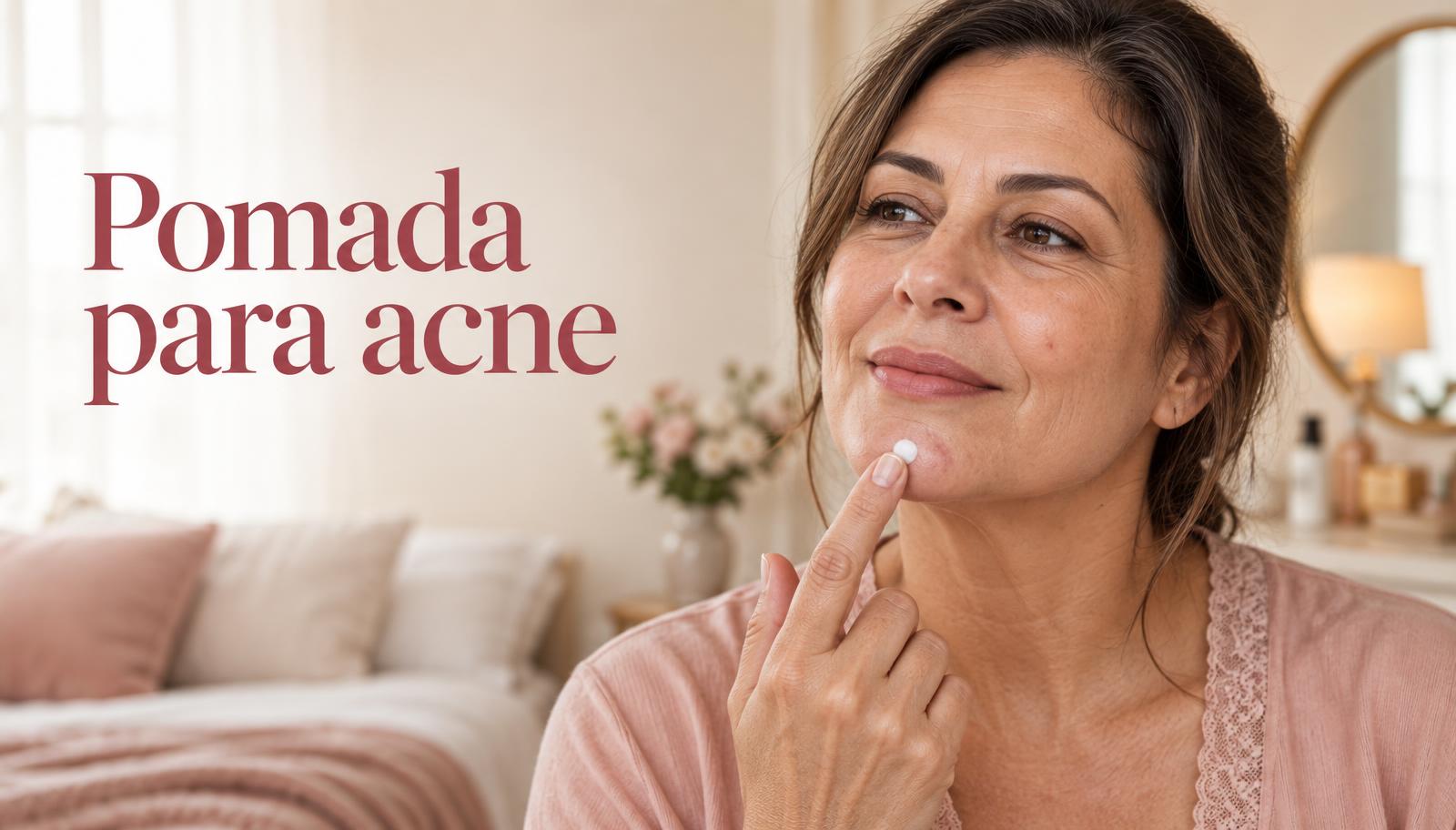 Mulher madura aplica uma pequena quantidade de pomada para acne no queixo