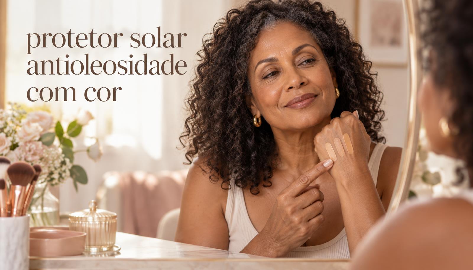 Mulher madura compara tons de protetor solar antioleosidade com cor na mão