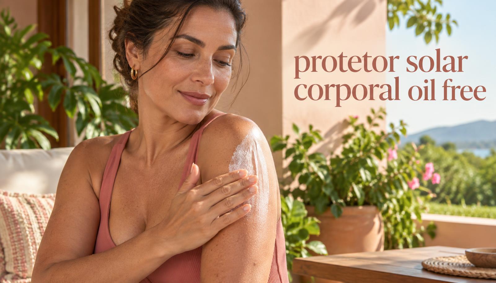 Mulher aplica protetor solar corporal oil free no ombro antes de sair ao sol