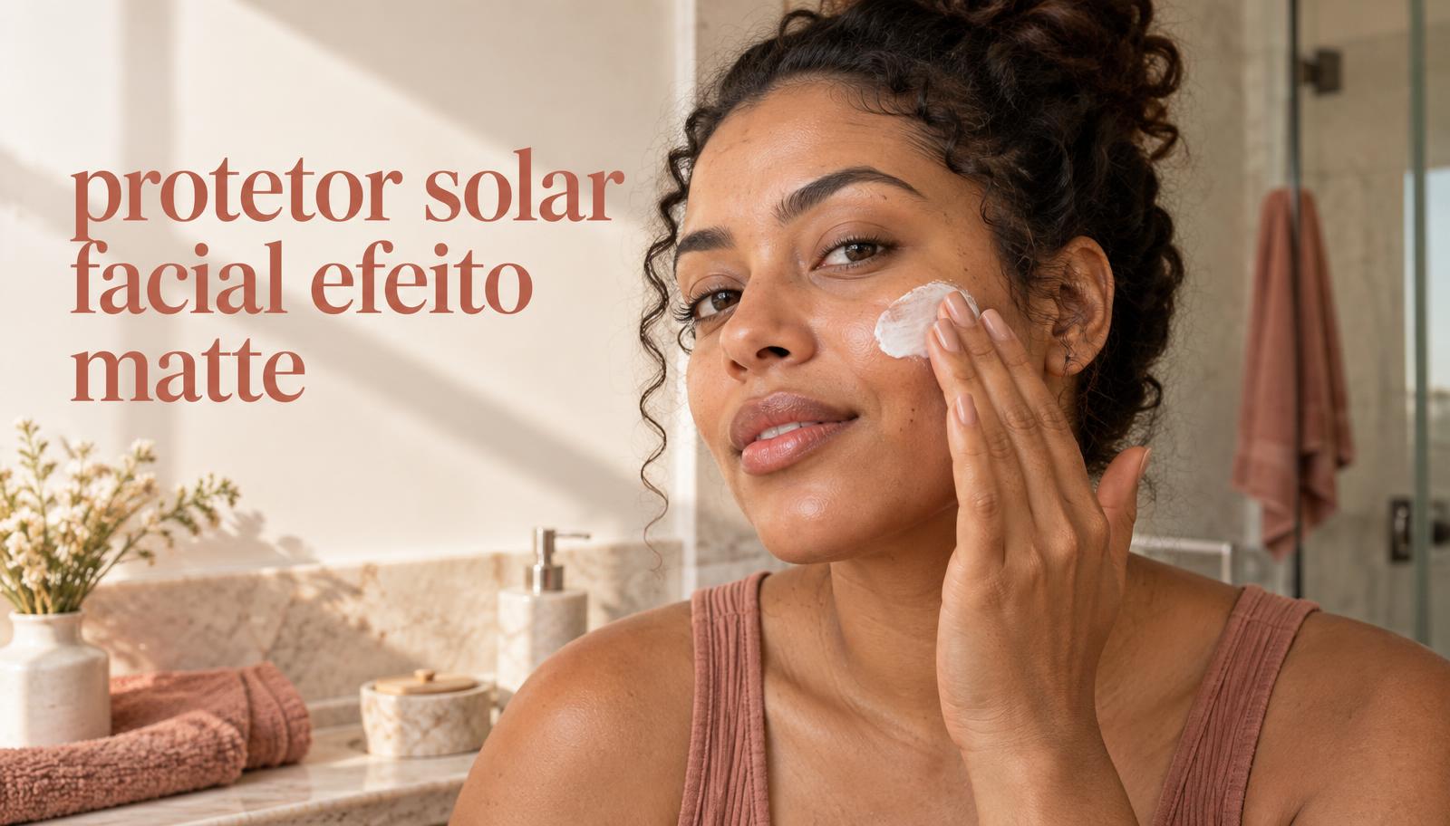 Mulher aplica protetor solar facial efeito matte na pele com textura natural