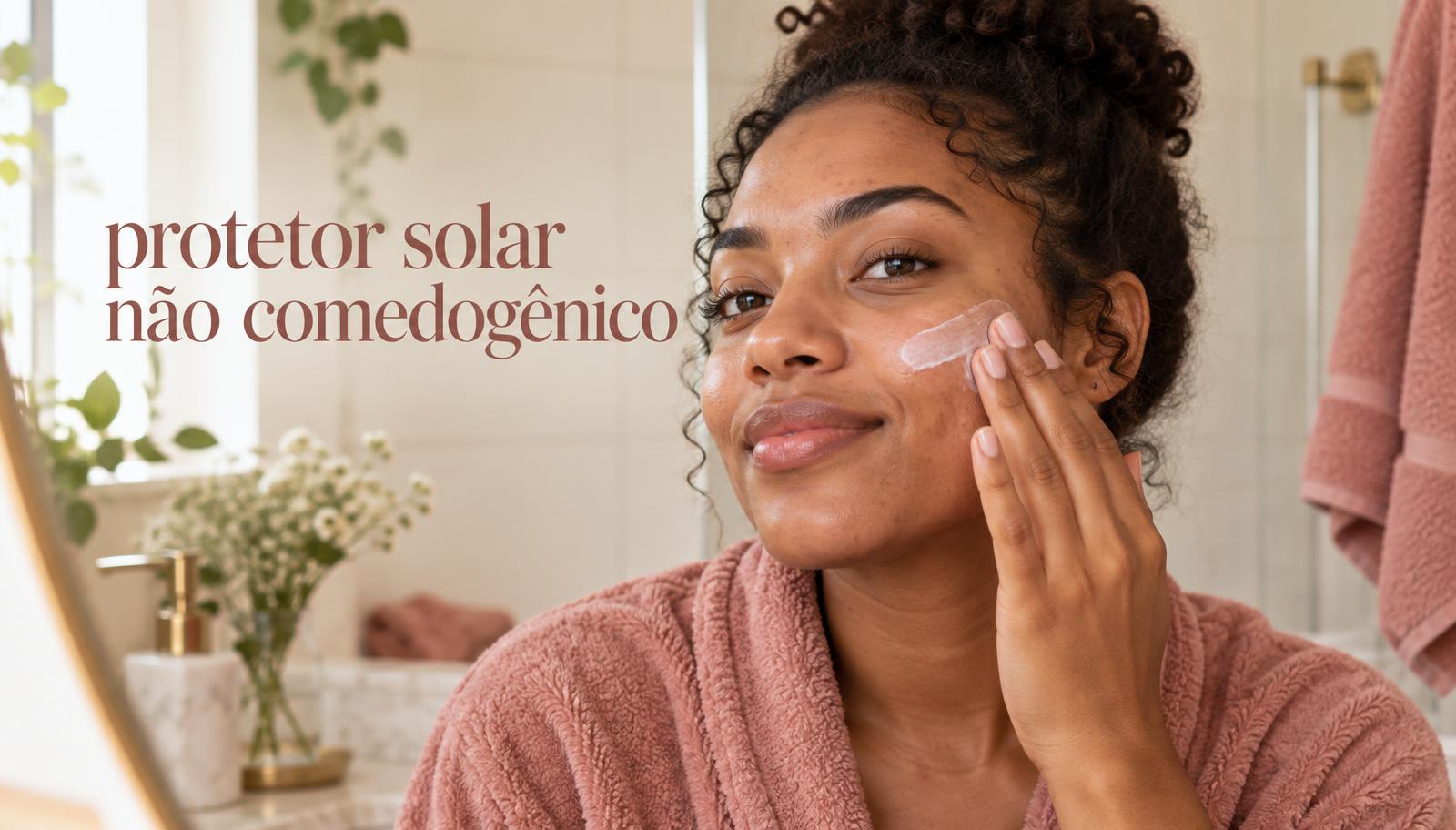 Mulher negra aplica protetor solar não comedogênico no rosto com textura natural