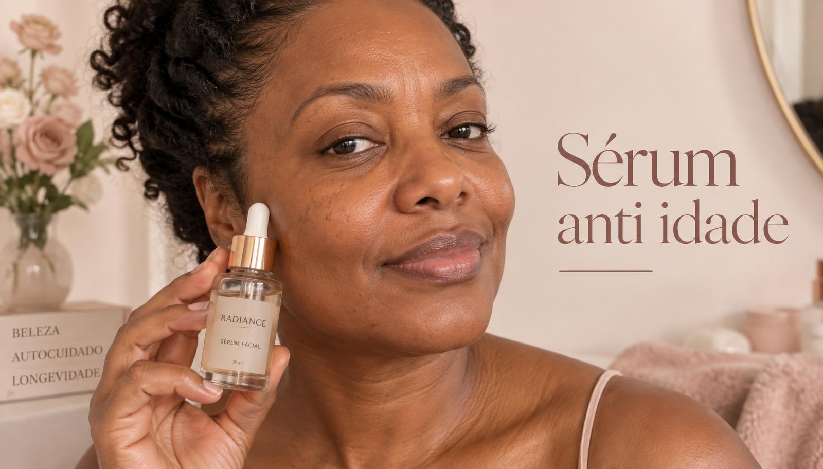 Mulher negra de 40 e poucos anos segurando um frasco de sérum anti idade perto do rosto