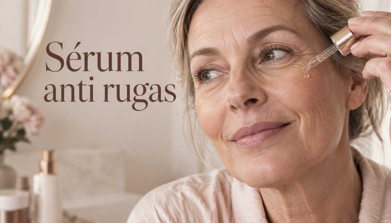 Mulher de quase 60 anos com rugas ao redor dos olhos aplicando gotas de sérum anti rugas