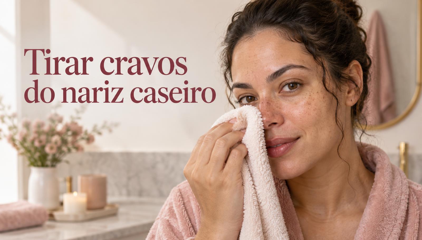 Mulher com sardas usa uma toalha morna no nariz durante cuidado caseiro para cravos