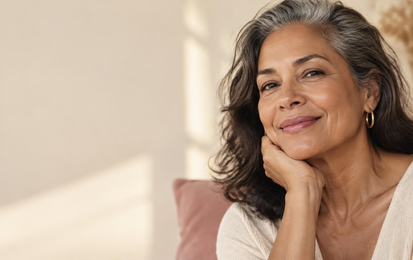 Mulher madura sorrindo com linhas de expressão naturais